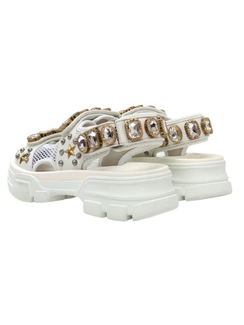 Gucci Sandals Shoes Mesh Leather White Gold Silver Sports Flat - Picture 5 of 11